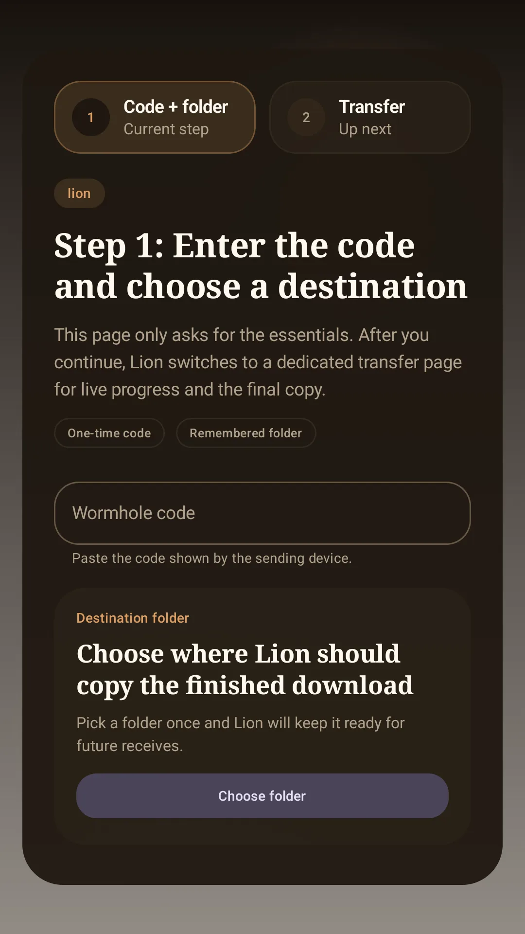 Lion Android app receive screen