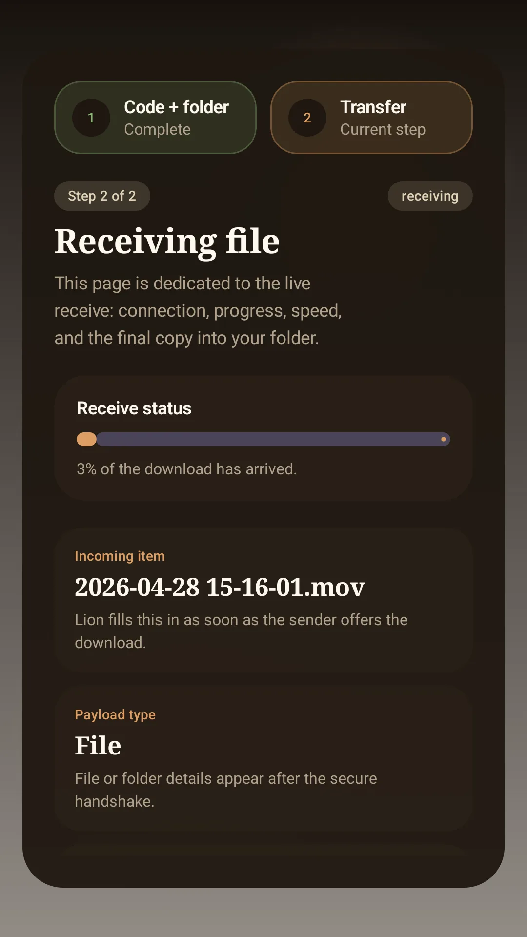 Lion Android app file transfer screen