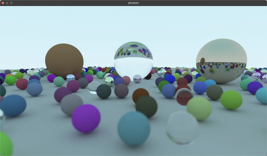Picasso raytracer render of a scene with spheres and boxes