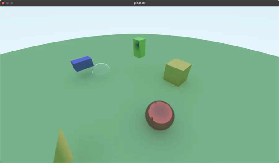 Picasso raytracer render of a scene with a bunny and a dragon model